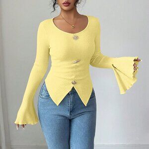 Yellow Elegant Women's Fitted Asymmetric Metal Button Hem Slit Sleeve T-Shirt